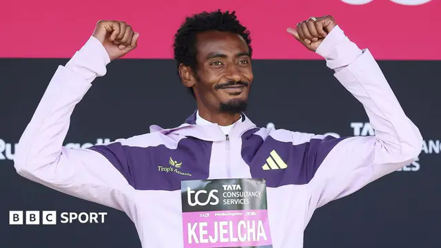 Yomif Kejelcha celebrates after finishing second in the 2026 London Marathon