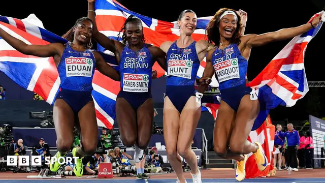 Great Britain's women's 4x100m team celebrate winning European gold