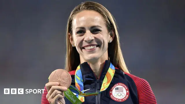 USA's Jennifer Simpson holds up her bronze medal from the women's 1500m at the Rio 2016 Olympic Games