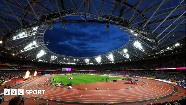 London Stadium, with an orange athletics track around a green pitch