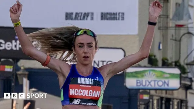 Eilish McColgan crosses the finish line in first place at the Big Half