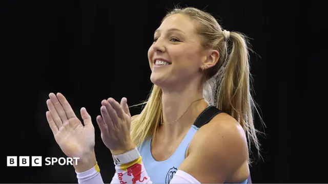 Molly Caudery celebrates during the women's pole vault final at the UK Athletics Indoor Championships