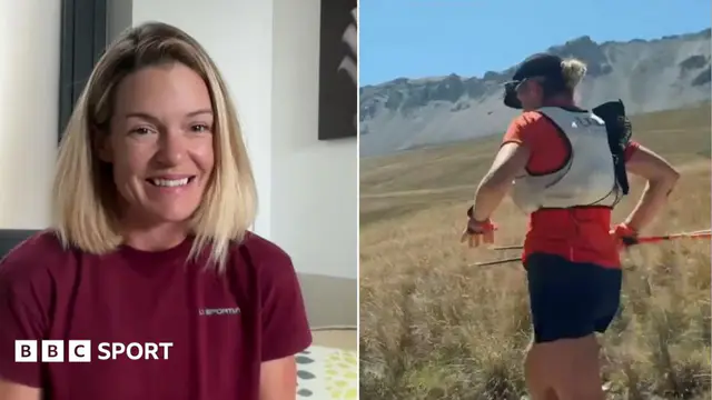 Sophie Woods in a split screen - on an interview (l) and running in the Alps (r)