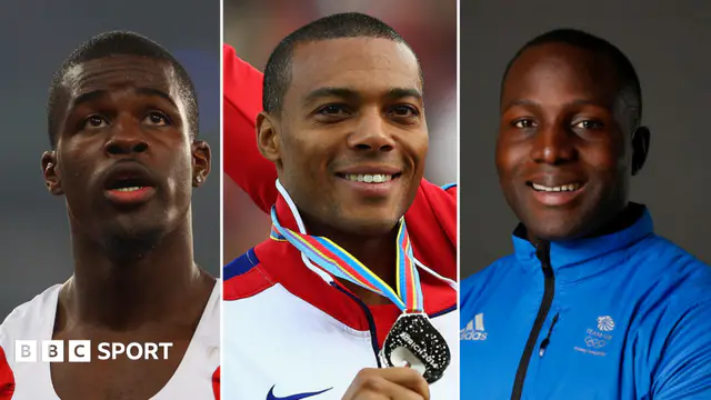 A composition image featuring former British athletes Leon Baptiste, William Sharman, and Lamin Deen
