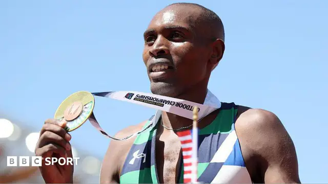 Jonah Koech poses after winning the gold medal in the Nike Men's 1500m final during the 2025 USATF Outdoor Championships at Hayward Field
