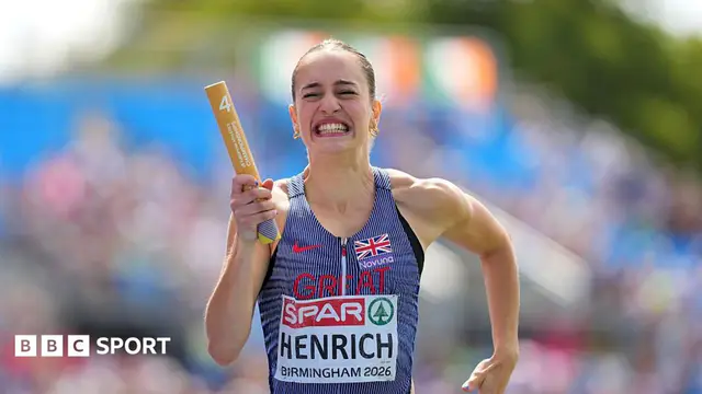 Charlotte Henrich in Great Britain vest grimaces as she runs with the baton in a women's 4x400m relay